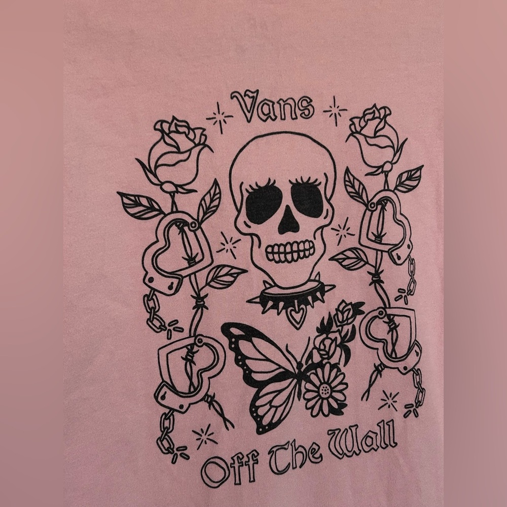 Vans Women’s long sleeve Tan Graphic Tee with skull & butterfly